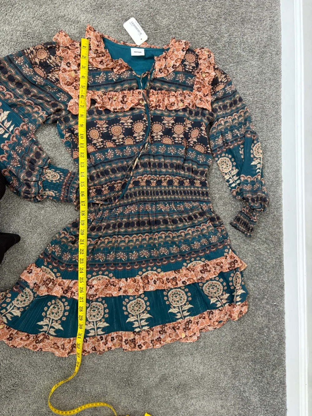 NWT AUREUM Teal and Peach Ruffled Long-Sleeve Tiered Mini Dress - Picture 8 of 9